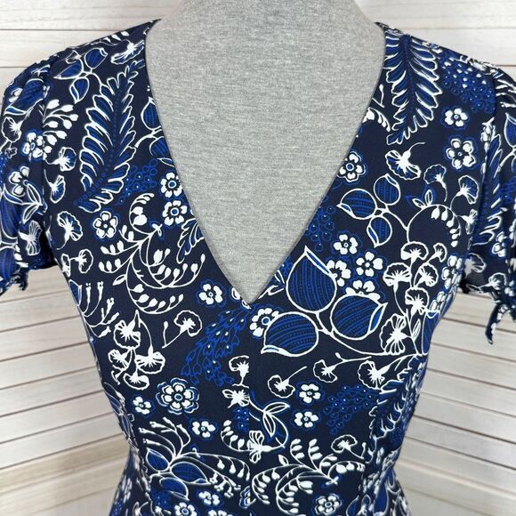 J. Crew Floral Faux Wrap Mini Skater Dress Blue Size 0 Ruffle Trim Short Sleeve - Picture 5 of 14